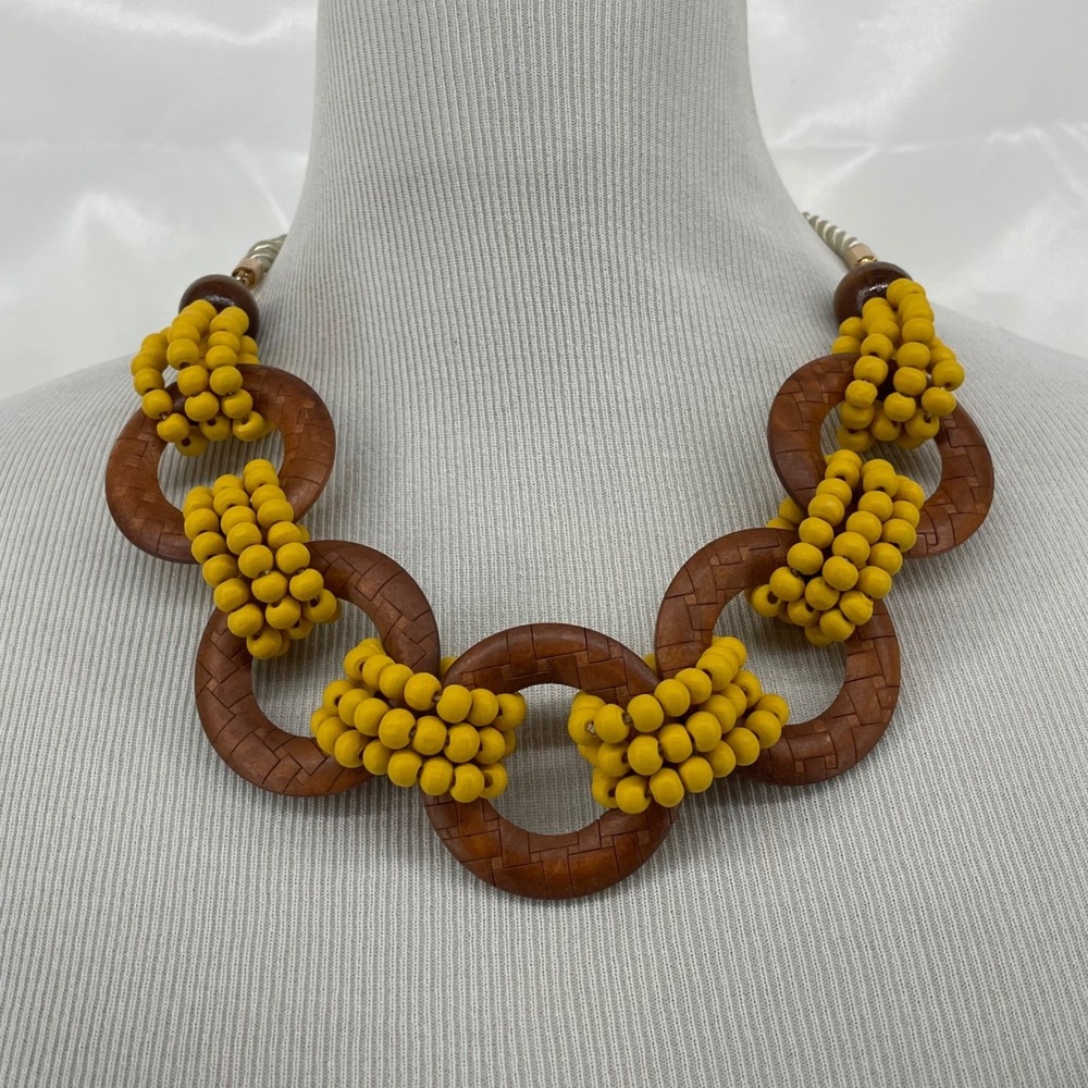 Unbranded OS Statement Necklace Yellow Brown Wood Bead Rope Cord Women